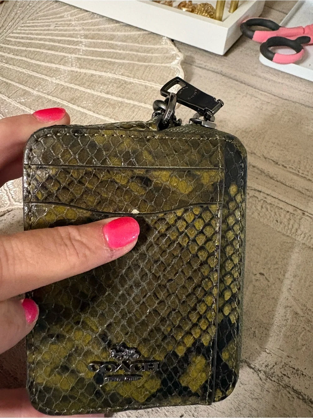 Coach olive green snake print zip card case